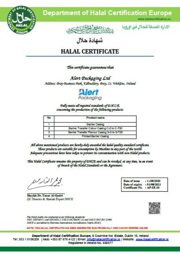 Alert Packaging Halal Certificate