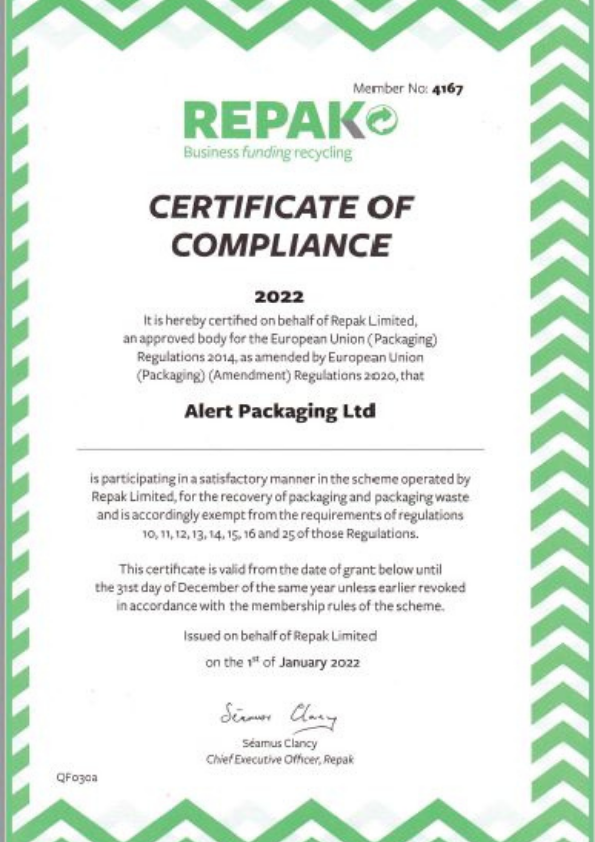 Alert Packaging Repak Certificate 2022